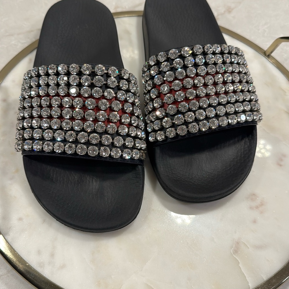 Gucci Crystal Embellished Slip-On Sandals. Missing 1 crystal on the inside right